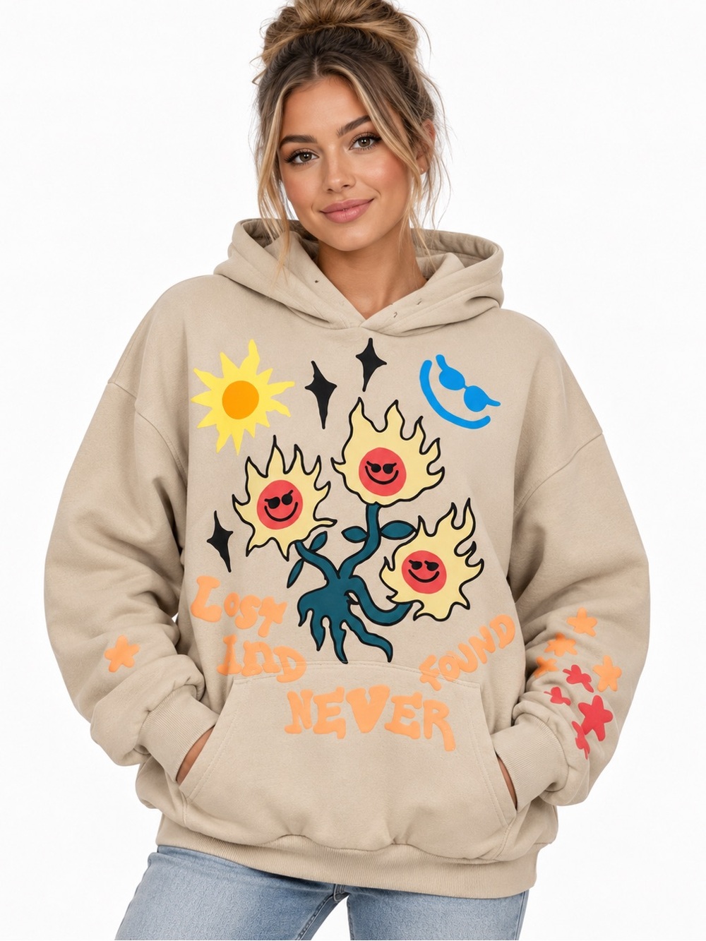 PacSun Lost & Found Graphic Hoodie Beige Oversized Streetwear S